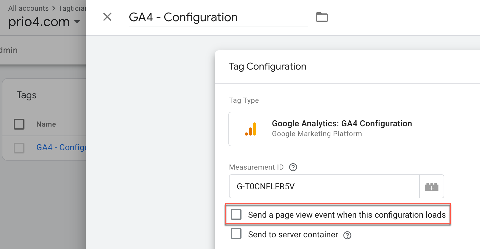 Disable the Send Page View option in the GA4 Configuration tag
